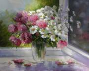 Bouquet on the windowsill..canvas/oily paints