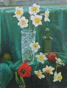 Daffodils in glass vase and bottle green.canvas/oily paints